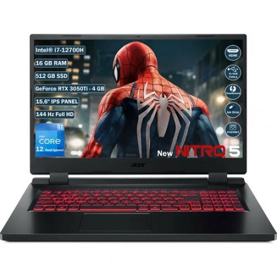 ACER Nitro 5 i7 12700H 16GB 512GB SSD 15.6  FHD IPS 4GB RTX3050Ti Free DOS Taşınabilir Oyun Bilgisayarı HC