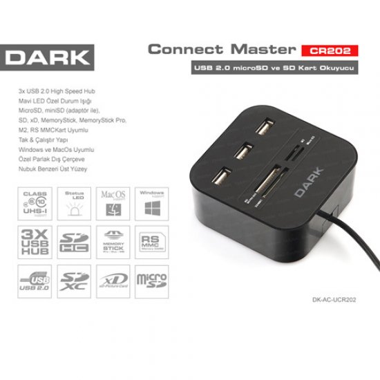 DARK DK-AC-UCR202 MicroSD/SD/MMC/M2/MS PRO DUO Usb 2.0 Siyah Tam Kart Okuyucu + 3 Usb Port DARK DK-AC-UCR202 MicroSD/SD/MMC/M2/MS PRO DUO Usb 2.0 Siyah Tam Kart Okuyucu + 3 Usb Port