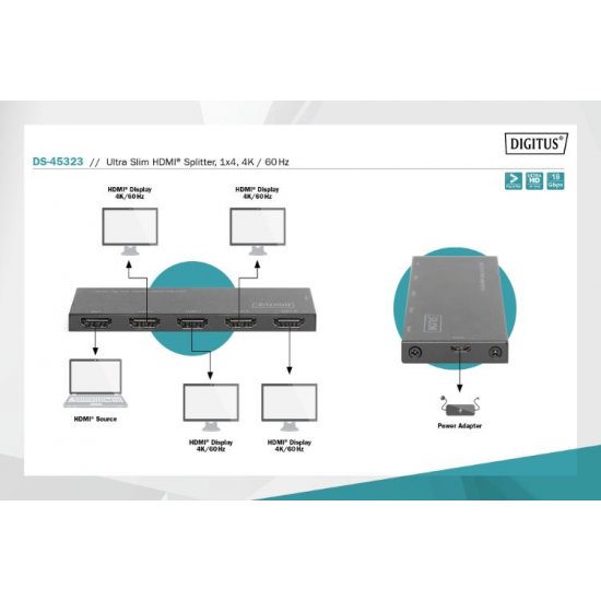 Digitus DS-45323 VPR 1-0 Ultra Slim Çoklayıcı, 1x4, 4K/60Hz, HDR, HDCP 2.2, 18 Gbps 40 metre, altın kaplama