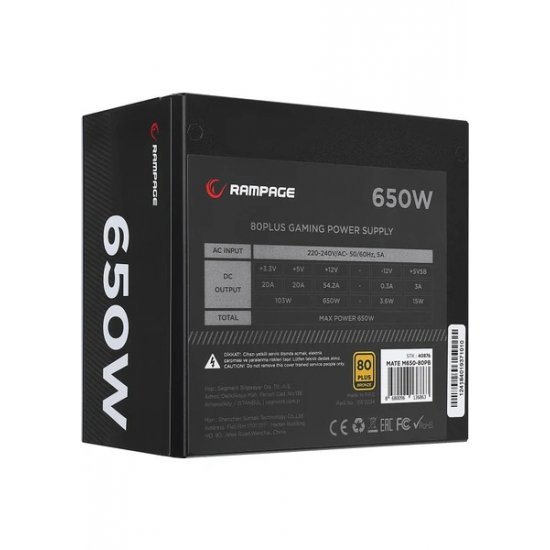 RAMPAGE MATE M650-80PB 650W 80+ 12CM FANLI FULL MODULER PSU (SİYAH)
