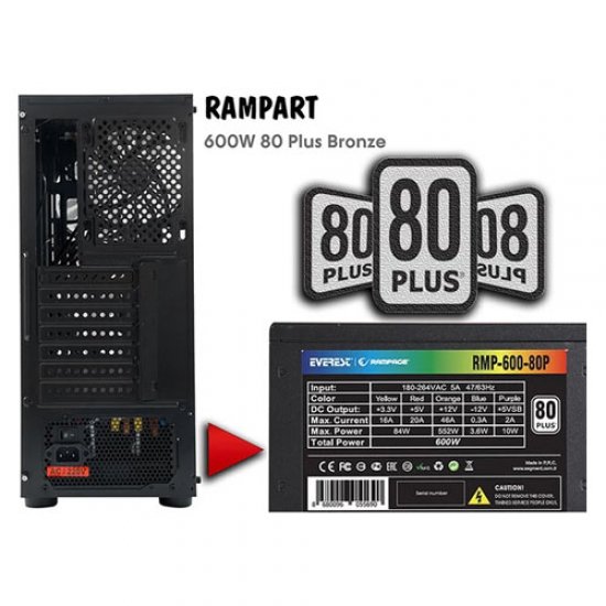RAMPAGE RAMPART 600W 80+ Bronze Mesh Panel Siyah 4*12cm Rainbow Fan Gaming Kasa