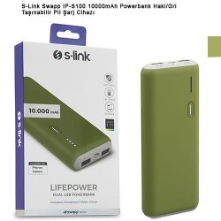 S-LINK Swapp IP-S100 10000mAh Powerbank Haki/Gri Taşınabilir Pil Şarj Cihazı