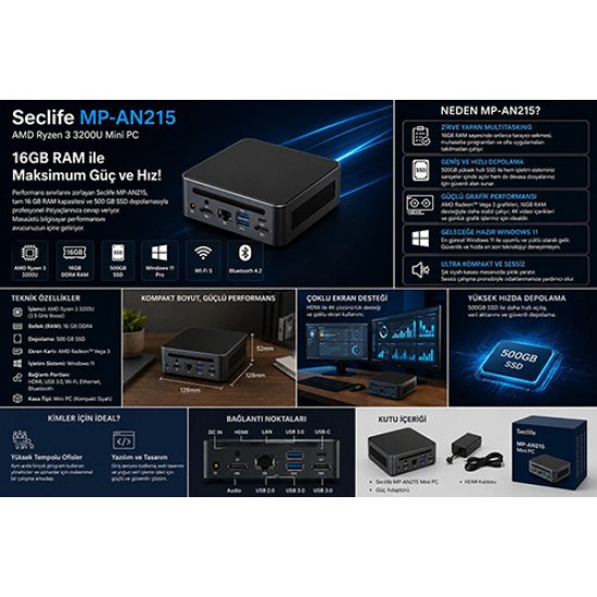 SECLIFE MP-AN215 RYZEN 3 3200U 16GB 500GB SSD W11HOME Mini PC