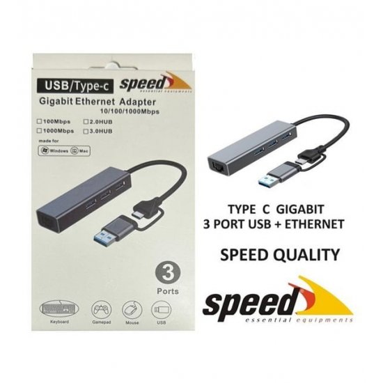 Speed SP-UET01 3 Port USB Type-C to Ethernet Gigabit Ethernet Rj45 Çevirici