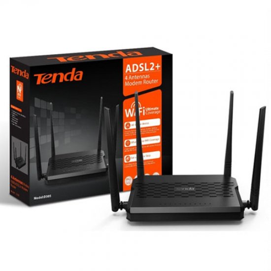 TENDA D305 300Mbps 4 Port Kablosuz-Ethernet-Usb ADSL2+ Modem Router (4 x Antenli) TENDA D305 300Mbps 4 Port Kablosuz-Ethernet-Usb ADSL2+ Modem Router (4 x Antenli)